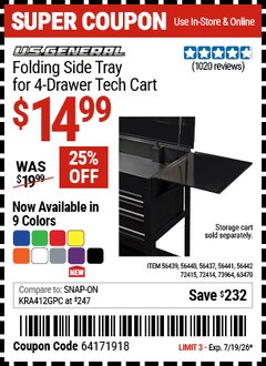 Harbor Freight Coupon U.S. GENERAL FOLDING SIDE TRAY FOR 4-DRAWER TECH CART Lot No. 56437/56439/56440/56441/56442/63470/72414/72415 Expired: 7/19/26 - $14.99