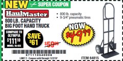Harbor Freight Coupon 800 LB. CAPACITY BIG FOOT HAND TRUCK Lot No. 64815 Expired: 11/2/19 - $49.99