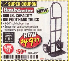 Harbor Freight Coupon 800 LB. CAPACITY BIG FOOT HAND TRUCK Lot No. 64815 Expired: 11/30/19 - $49.99