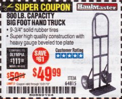 Harbor Freight Coupon 800 LB. CAPACITY BIG FOOT HAND TRUCK Lot No. 64815 Expired: 10/31/19 - $49.99