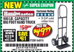 Harbor Freight Coupon 800 LB. CAPACITY BIG FOOT HAND TRUCK Lot No. 64815 Expired: 12/28/19 - $49.99