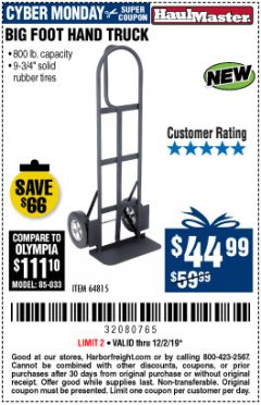 Harbor Freight Coupon 800 LB. CAPACITY BIG FOOT HAND TRUCK Lot No. 64815 Expired: 12/1/19 - $44.99