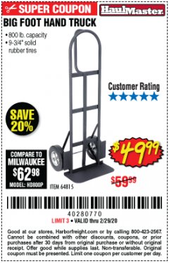 Harbor Freight Coupon 800 LB. CAPACITY BIG FOOT HAND TRUCK Lot No. 64815 Expired: 2/29/20 - $49.99