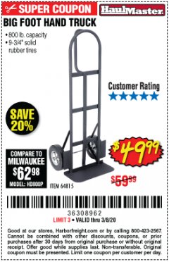 Harbor Freight Coupon 800 LB. CAPACITY BIG FOOT HAND TRUCK Lot No. 64815 Expired: 3/8/20 - $49.99