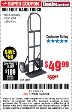 Harbor Freight Coupon 800 LB. CAPACITY BIG FOOT HAND TRUCK Lot No. 64815 Expired: 3/1/20 - $49.99