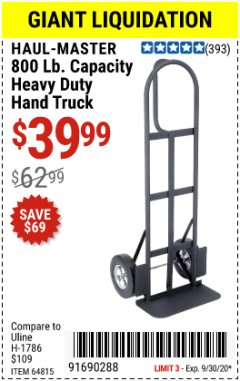 Harbor Freight Coupon 800 LB. CAPACITY BIG FOOT HAND TRUCK Lot No. 64815 Expired: 9/30/20 - $39.99