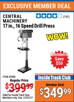 Harbor Freight ITC Coupon 17", 16 SPEED DRILL PRESS Lot No. 61487/43389 Expired: 2/25/21 - $349.99