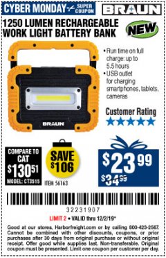 Harbor Freight Coupon 1250 LUMEN RECHARGEABLE WORK LIGHT BATTERY BANK Lot No. 56163 Expired: 12/1/19 - $23.99
