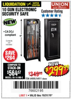 Harbor Freight Coupon UNION 10 GUN ELECTRONIC SECURITY SAFE Lot No. 64011/64008 Expired: 10/31/19 - $299.99