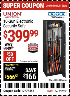 Harbor Freight Coupon UNION 10 GUN ELECTRONIC SECURITY SAFE Lot No. 64011/64008 Expired: 8/17/23 - $399.99