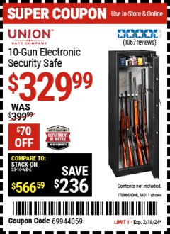Harbor Freight Coupon UNION 10 GUN ELECTRONIC SECURITY SAFE Lot No. 64011/64008 Expired: 2/18/24 - $329.99