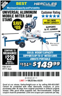 Harbor Freight Coupon HERCULES HEAVY DUTY MOBILE MITER SAW STAND Lot No. 64751/56165 Expired: 6/30/20 - $149.99