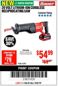 Harbor Freight Coupon 20V LITHIUM-ION VARIABLE SPEED RECIPROCATING SAW WITH KEYLESS CHUCK Lot No. 56396 Expired: 10/6/19 - $54.99