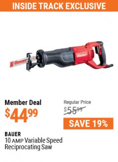 Harbor Freight ITC Coupon BAUER 10 AMP VARIABLE SPEED RECIPROCATING SAW Lot No. 56250 Expired: 7/29/21 - $44.99