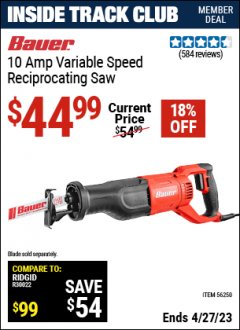 Harbor Freight ITC Coupon BAUER 10 AMP VARIABLE SPEED RECIPROCATING SAW Lot No. 56250 Expired: 4/27/23 - $44.99