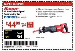 Harbor Freight Coupon BAUER 10 AMP VARIABLE SPEED RECIPROCATING SAW Lot No. 56250 Expired: 10/16/22 - $44.99