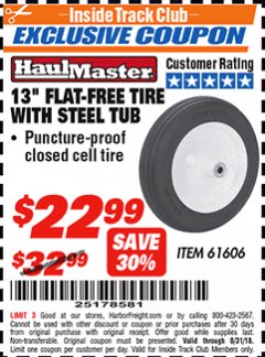 Harbor Freight ITC Coupon HAUL-MASTER 13 IN. FLAT-FREE TIRE WITH STEEL HUB Lot No. 61606 Expired: 8/31/18 - $22.99