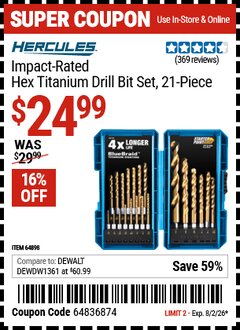 Harbor Freight Coupon HERCULES IMPACT-RATED HEX TITANIUM DRILL BIT SET, 21-PIECE Lot No. 64898 Expired: 8/2/26 - $24.99