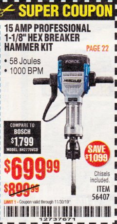 Harbor Freight Coupon HERCULES 15 AMP 66 LB. 1-1/8 IN. HEX BREAKER HAMMER WITH MAXIMUM VIBRATION CONTROL Lot No. 56407 Expired: 11/30/19 - $699.99