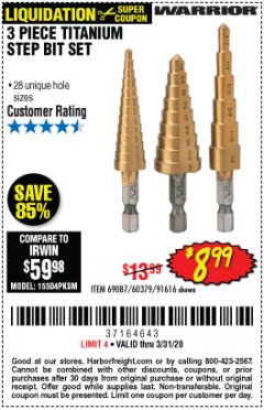 Harbor Freight Coupon 3 PIECE TITANIUM HIGH SPEED STEEL STEP BITS Lot No. 69087/60379/91616 Expired: 3/31/20 - $8.99