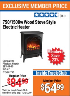 Harbor Freight ITC Coupon 750/1500 WATT WOOD STOVE STYLE ELECTRIC HEATER Lot No. 61796/68754 Expired: 10/31/20 - $64.99