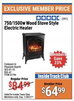 Harbor Freight ITC Coupon 750/1500 WATT WOOD STOVE STYLE ELECTRIC HEATER Lot No. 61796/68754 Expired: 1/28/21 - $64.99