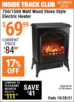 Harbor Freight ITC Coupon 750/1500 WATT WOOD STOVE STYLE ELECTRIC HEATER Lot No. 61796/68754 Expired: 10/28/21 - $69.99