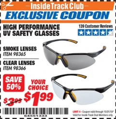 Harbor Freight ITC Coupon HIGH PERFORMANCE UV SAFETY GLASSES Lot No. 98365/98366 Expired: 10/31/19 - $1.99