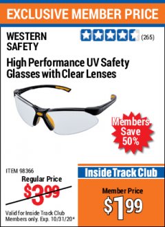 Harbor Freight ITC Coupon HIGH PERFORMANCE UV SAFETY GLASSES Lot No. 98365/98366 Expired: 10/31/20 - $1.99