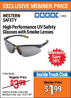 Harbor Freight ITC Coupon HIGH PERFORMANCE UV SAFETY GLASSES Lot No. 98365/98366 Expired: 10/31/20 - $1.99