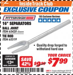 Harbor Freight ITC Coupon 16" SEPARATORS Lot No. 63420, 63519 Expired: 10/31/19 - $7.99