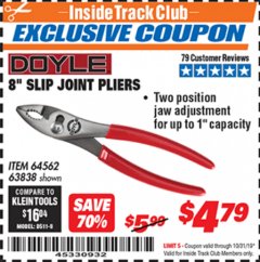 Harbor Freight ITC Coupon 8" SLIP JOINT PLIERS Lot No. 64562, 63838 Expired: 10/31/19 - $4.79