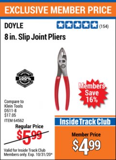 Harbor Freight ITC Coupon 8" SLIP JOINT PLIERS Lot No. 64562, 63838 Expired: 10/31/20 - $4.99