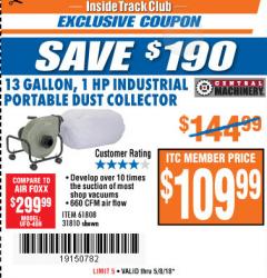 Harbor Freight ITC Coupon 13 GALLON INDUSTRIAL PORTABLE DUST COLLECTOR Lot No. 61808/31810 Expired: 5/8/18 - $109.99