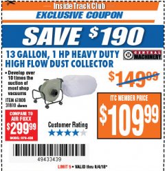 Harbor Freight ITC Coupon 13 GALLON INDUSTRIAL PORTABLE DUST COLLECTOR Lot No. 61808/31810 Expired: 9/4/18 - $109.99