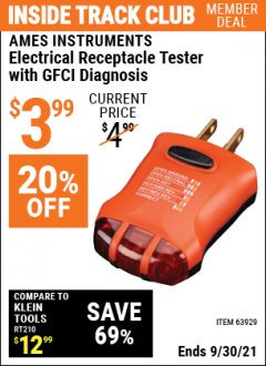 Harbor Freight ITC Coupon NON-CONTACT VOLTAGE TESTER OR ELECTRICAL RECEPTACLE TESTER WITH GFCI DIAGNOSIS Lot No. 63919, 63929 Expired: 9/30/21 - $3.99