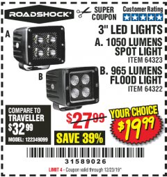 Harbor Freight Coupon ROADSHOCK 965 LUMENS 3" FLOOD LIGHT OR 1050 LUMENS 3" SPOT LIGHT Lot No. 64322/64323 Expired: 12/23/19 - $19.99