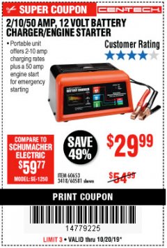 Harbor Freight Coupon CEN-TECH 2/10/50 AMP, 12 VOLT BATTERY CHARGER/ENGINE STARTER Lot No. 60653/3418/60581 Expired: 10/20/19 - $29.99