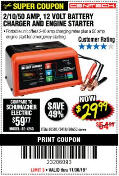 Harbor Freight Coupon CEN-TECH 2/10/50 AMP, 12 VOLT BATTERY CHARGER/ENGINE STARTER Lot No. 60653/3418/60581 Expired: 11/30/19 - $29.99