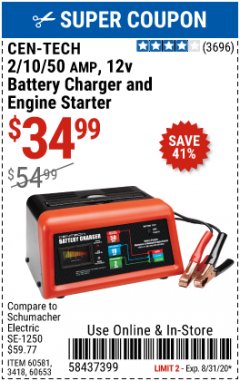 Harbor Freight Coupon CEN-TECH 2/10/50 AMP, 12 VOLT BATTERY CHARGER/ENGINE STARTER Lot No. 60653/3418/60581 Expired: 8/31/20 - $34.99