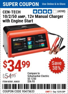 Harbor Freight Coupon CEN-TECH 2/10/50 AMP, 12 VOLT BATTERY CHARGER/ENGINE STARTER Lot No. 60653/3418/60581 Expired: 12/31/20 - $34.99