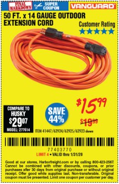 Harbor Freight Coupon VANGUARD 50 FT X 14 GAUGE OUTDOOR EXTENSION CORD Lot No. 41447/62924/62925/62923 Expired: 1/31/20 - $15.99