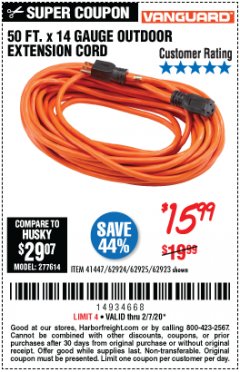 Harbor Freight Coupon VANGUARD 50 FT X 14 GAUGE OUTDOOR EXTENSION CORD Lot No. 41447/62924/62925/62923 Expired: 2/7/20 - $15.99