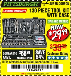 Harbor Freight Coupon PITTSBURGH 130 PIECE TOOL KIT WITH CASE Lot No. 68998/63248/64080/64263/63091 Expired: 1/27/20 - $29.99