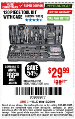 Harbor Freight Coupon PITTSBURGH 130 PIECE TOOL KIT WITH CASE Lot No. 68998/63248/64080/64263/63091 Expired: 12/26/19 - $29.99