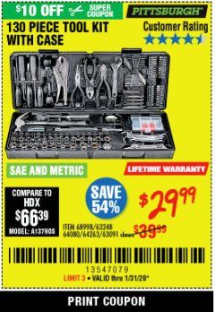 Harbor Freight Coupon PITTSBURGH 130 PIECE TOOL KIT WITH CASE Lot No. 68998/63248/64080/64263/63091 Expired: 1/31/20 - $29.99