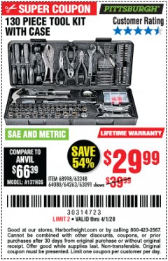 Harbor Freight Coupon PITTSBURGH 130 PIECE TOOL KIT WITH CASE Lot No. 68998/63248/64080/64263/63091 Expired: 4/1/20 - $29.99