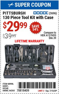 Harbor Freight Coupon PITTSBURGH 130 PIECE TOOL KIT WITH CASE Lot No. 68998/63248/64080/64263/63091 Expired: 7/15/20 - $29.99