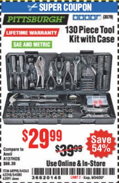 Harbor Freight Coupon PITTSBURGH 130 PIECE TOOL KIT WITH CASE Lot No. 68998/63248/64080/64263/63091 Expired: 9/24/20 - $29.99