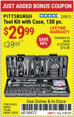 Harbor Freight Coupon PITTSBURGH 130 PIECE TOOL KIT WITH CASE Lot No. 68998/63248/64080/64263/63091 Expired: 9/30/20 - $29.99